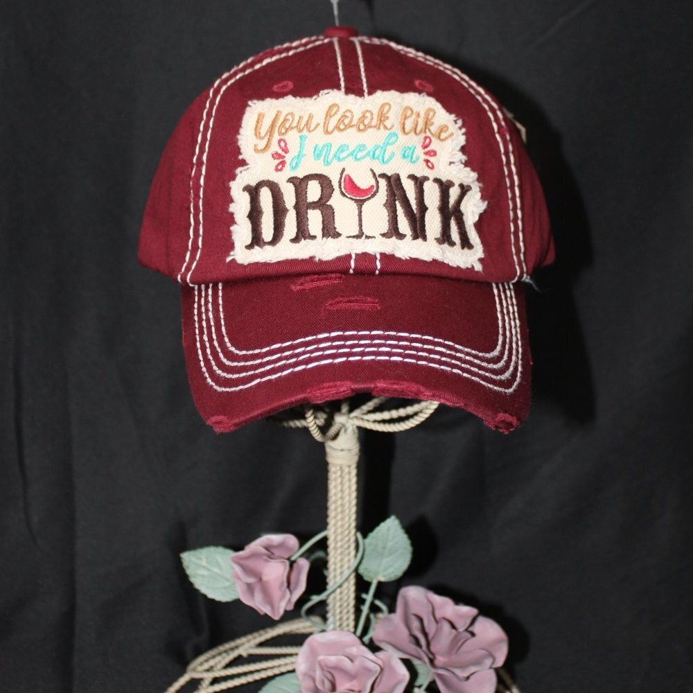 NWT KBETHOS Vintage "I need a drink" Burgundy Cap